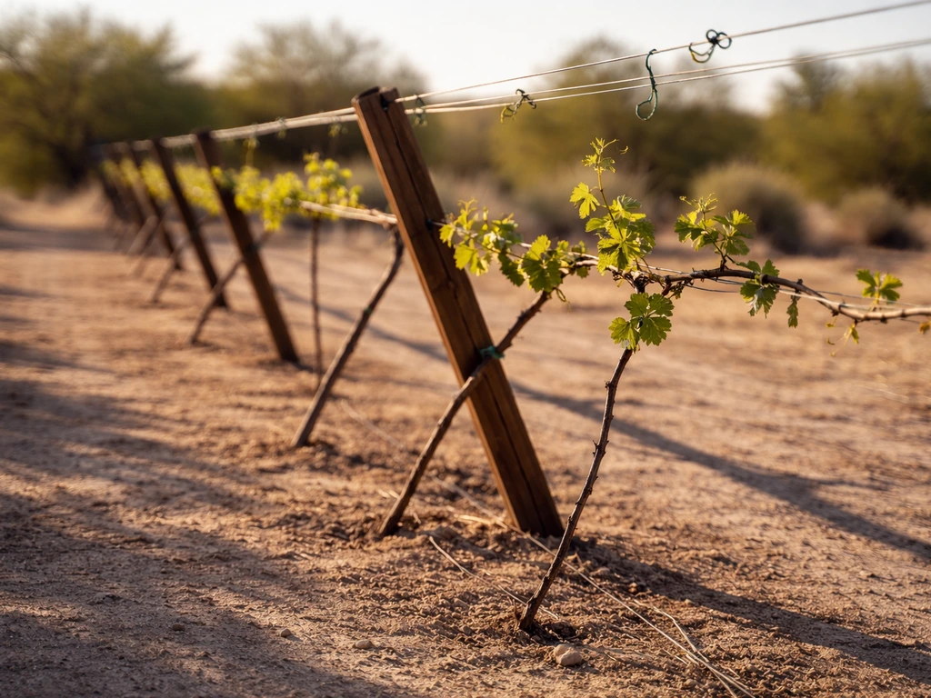 Close-up of an angled grape trellis in intense sun with slight vine movement in dry desert air.