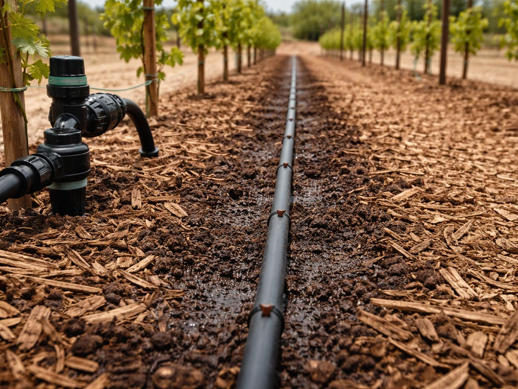 Drip irrigation line with emitters in a grape vineyard row, mulch and inline valve/timer beside soil bed