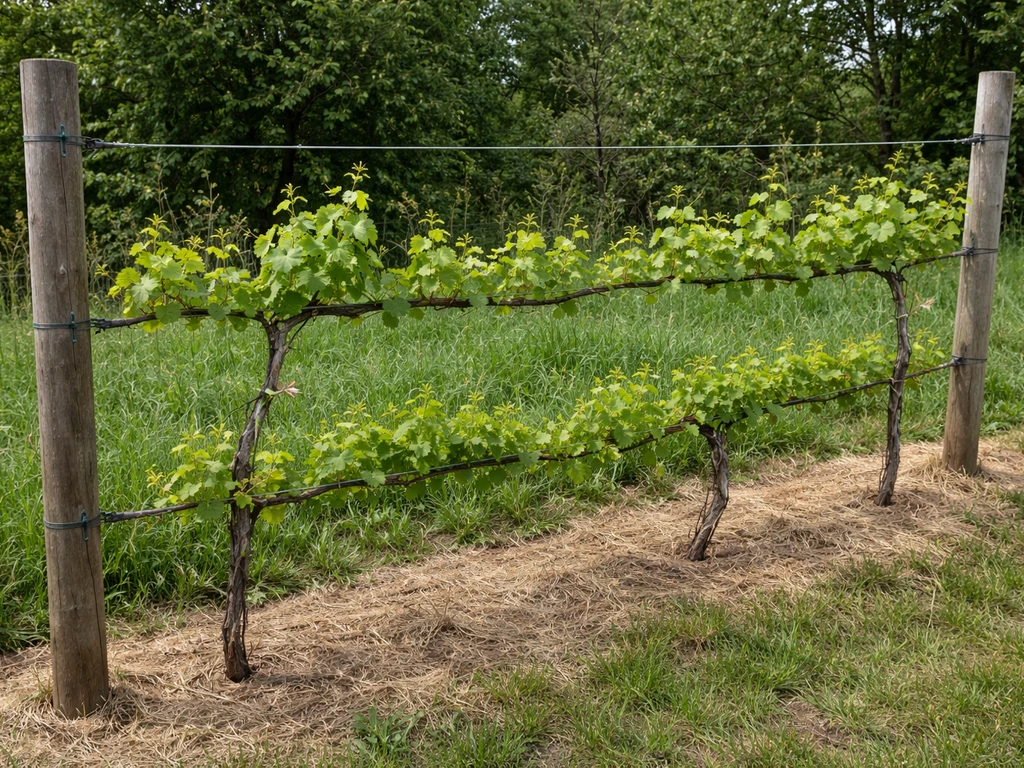 Two-wire trellis with trained grape canes running along lower and upper wires in a home garden.