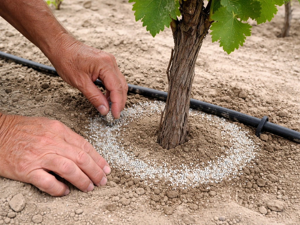 Hand side-dressing granular fertilizer beside a grape vine in sandy Arizona soil with irrigation nearby.