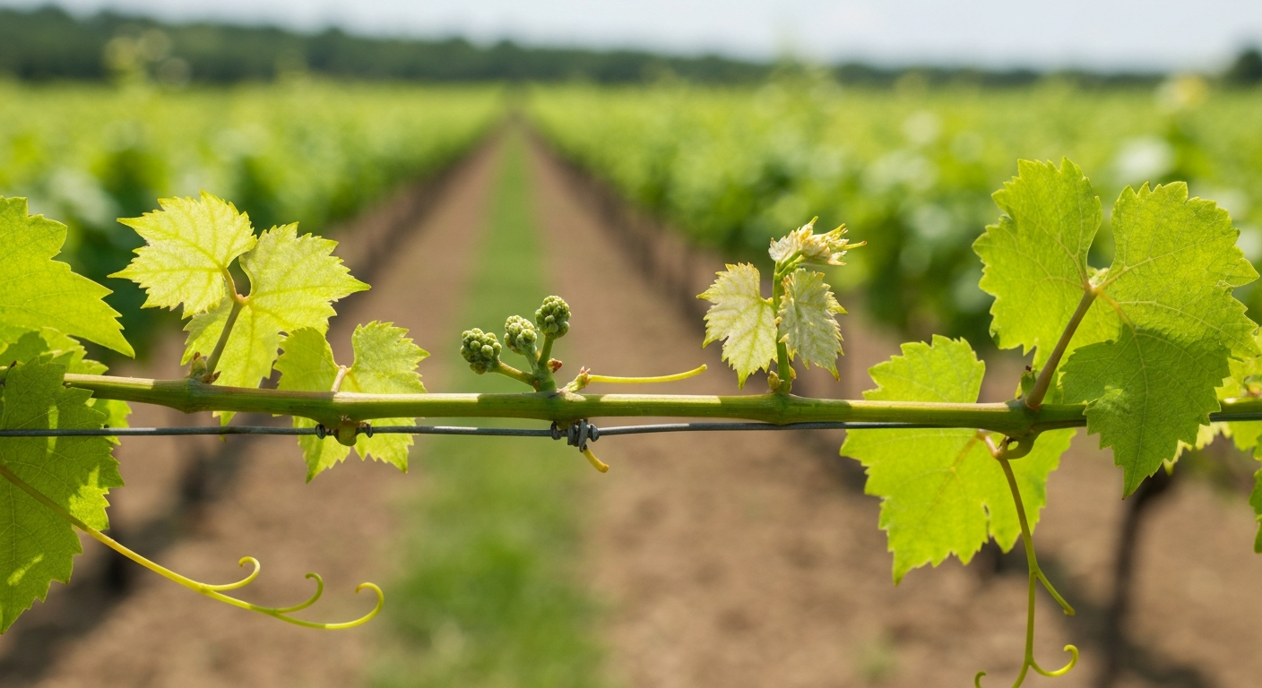 Close-up of a grapevine shoot showing leaves attached at nodes and bare internodes between.