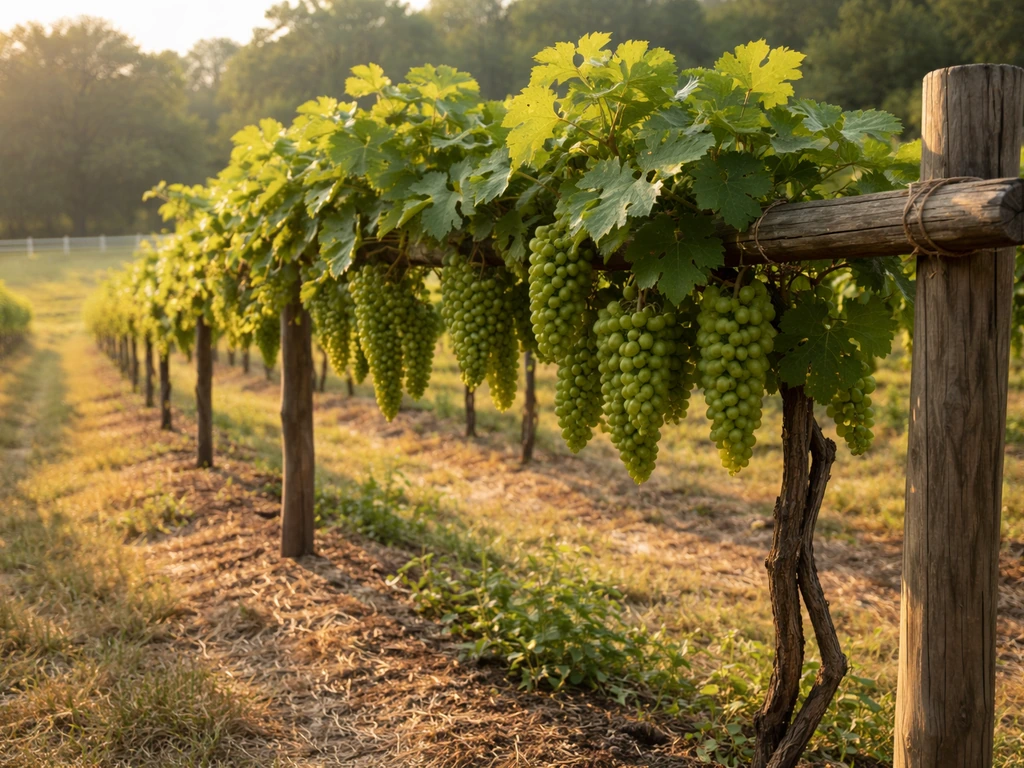 Lush grapevines on a wooden trellis in a Georgia vineyard, with sunlit clusters and simple rows.