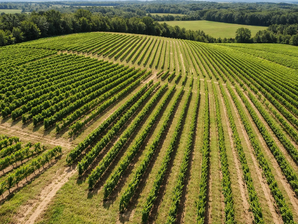 Wide aerial view of a vineyard on varied terrain with rows on a gentle slope and surrounding landscape.
