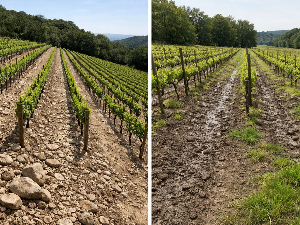 Split view of hillside vineyard rows on rocky slope versus flatter, damp low-lying vineyard ground.