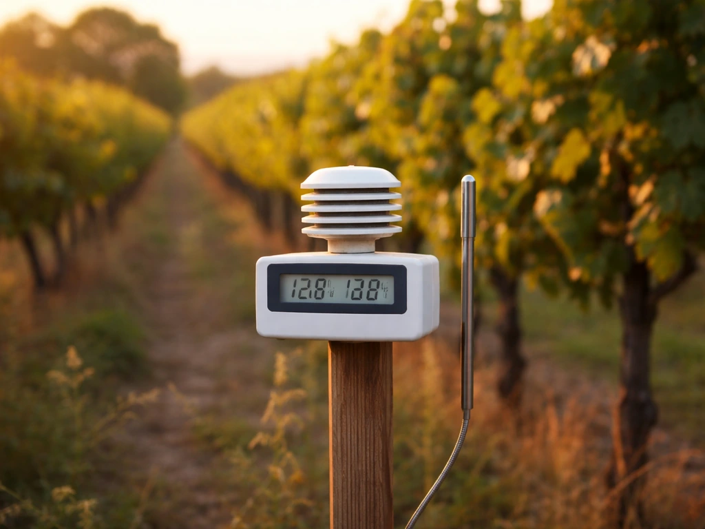 Thermometer and compact weather station by grapevines in a quiet vineyard, morning natural light.