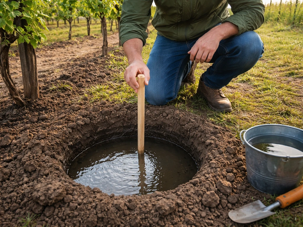 Person digging a small test pit in soil beside grape vines with a filled hole for a percolation test