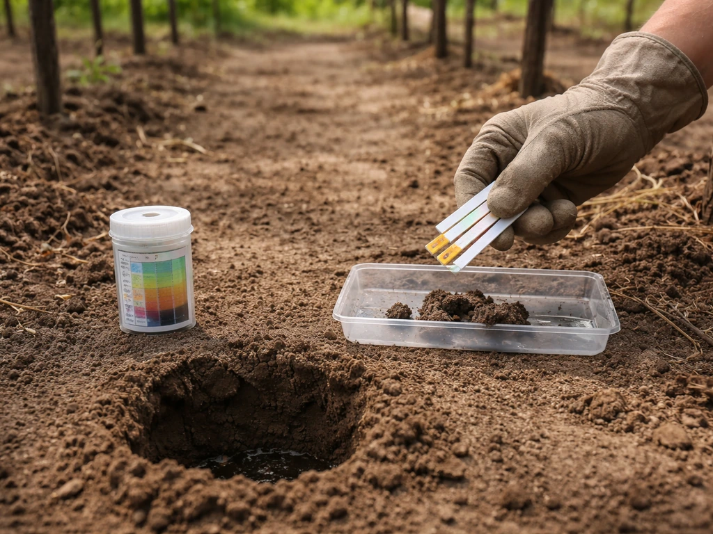 Gardener testing vineyard soil pH with strips and a handheld kit beside a small percolation test hole.