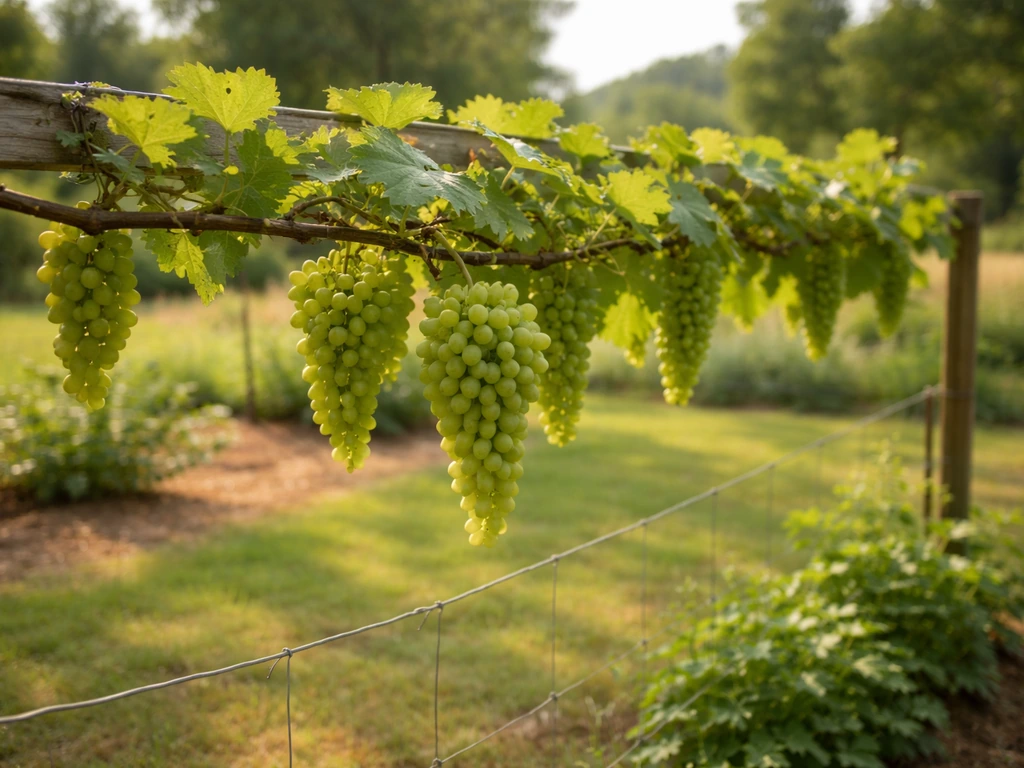 Seedless grape vine trellised in a sunny Georgia backyard, bearing clusters along a neat row.