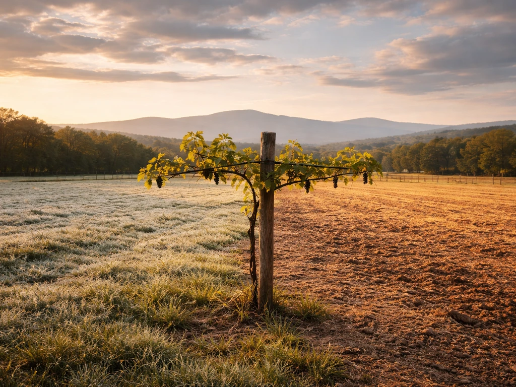 A grapevine in Georgia landscape with two contrasting soil tones suggesting different growing conditions.