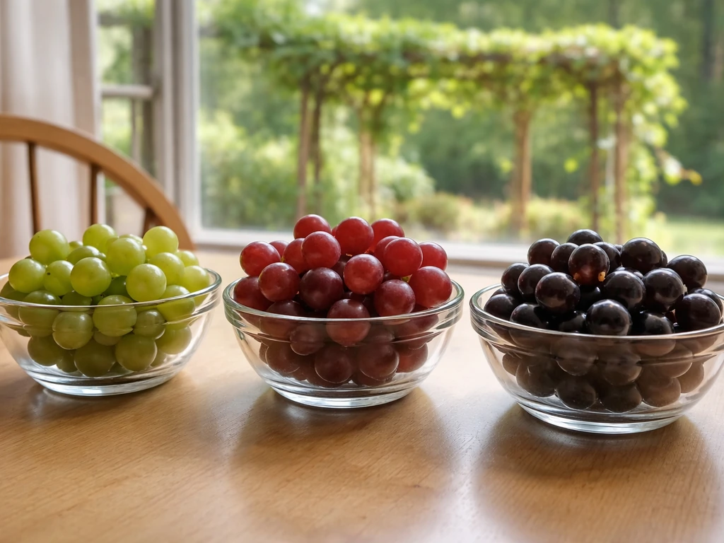 Seedless grape clusters in small glass bowls with a blurred grape trellis in the background.