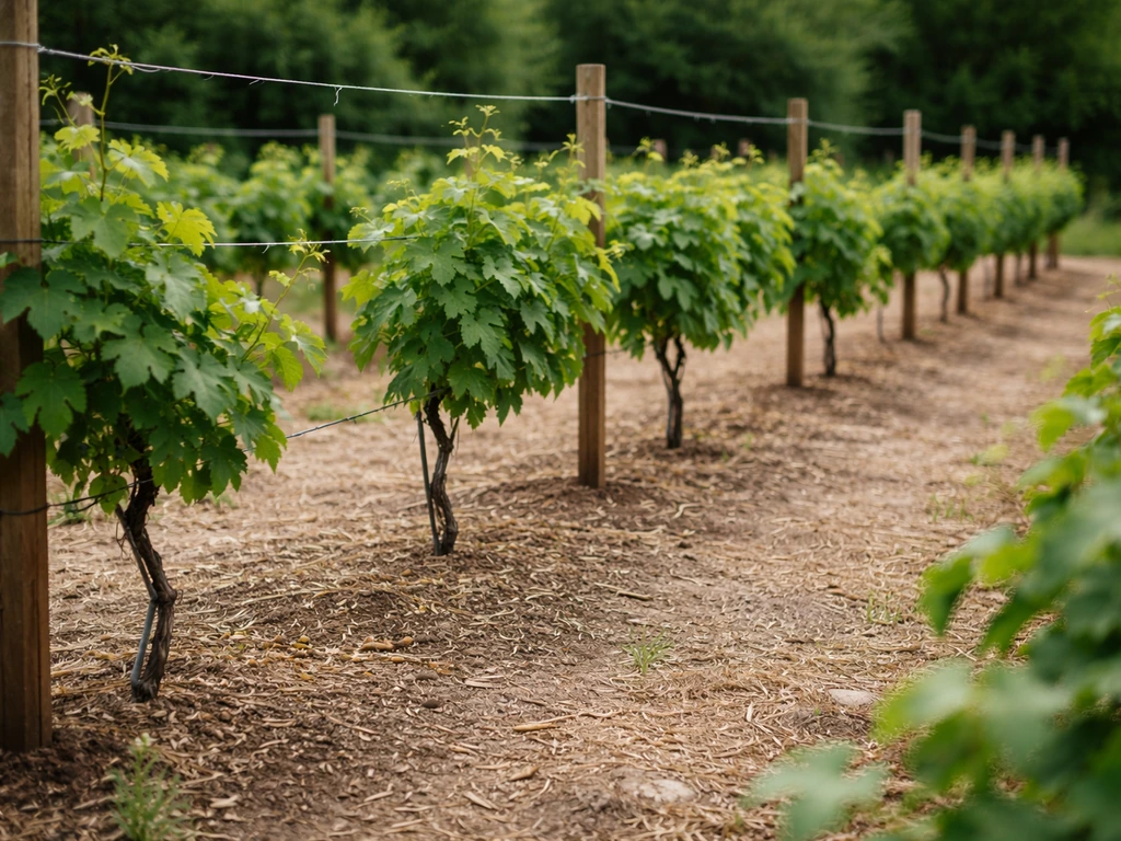 Open trellis garden rows showing clear spacing between vines and rows for airflow.