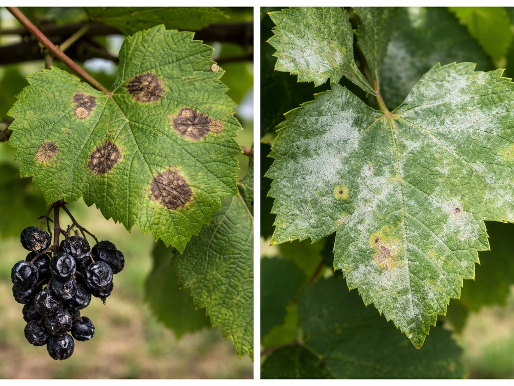 Collage of grapevine leaves showing black rot spots and mildew powdery growth on foliage and berries