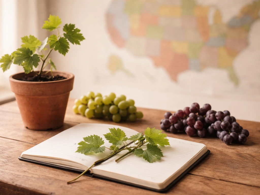 Tabletop scene with a blurred U.S. map backdrop and fresh grapes suggesting grape-growing states.