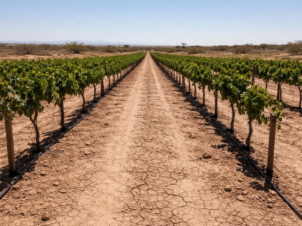 Sunlit dry vineyard rows with dusty soil and a drip irrigation line against a pale desert sky.