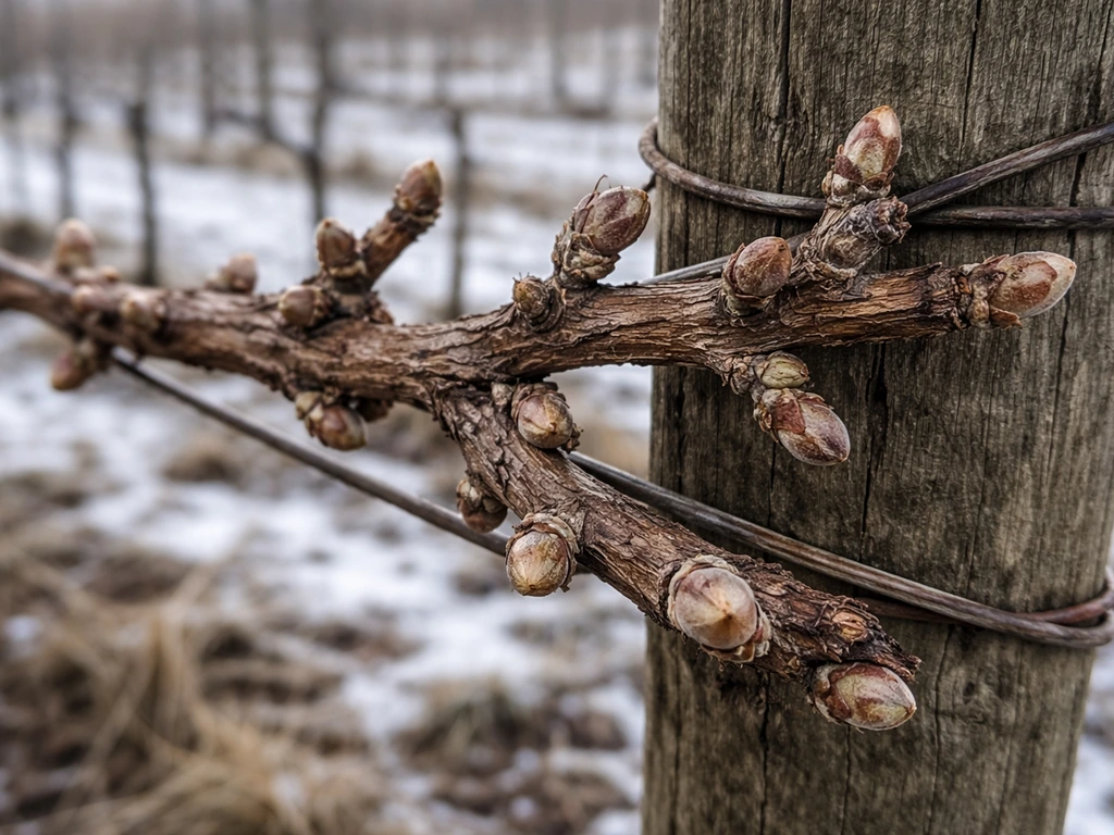 Winter-dormant grapevine cordons with frosted buds in a snowy northern vineyard setting.