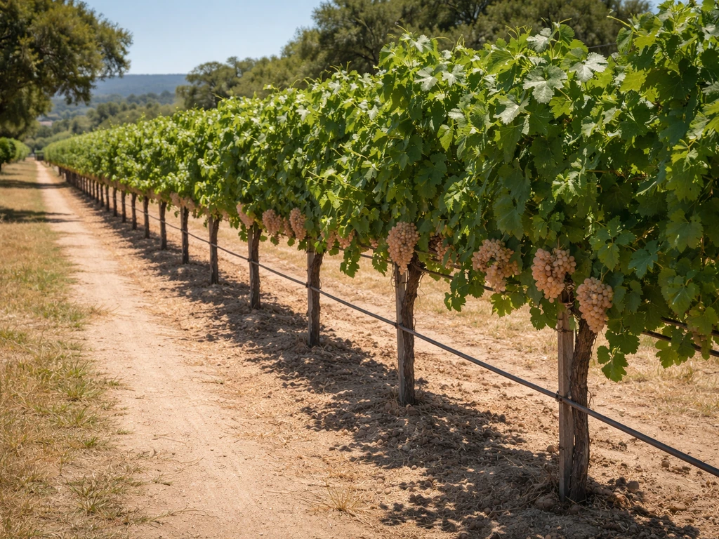 Sunlit vineyard row with trellised green vines and pale grape clusters in a rural US landscape.