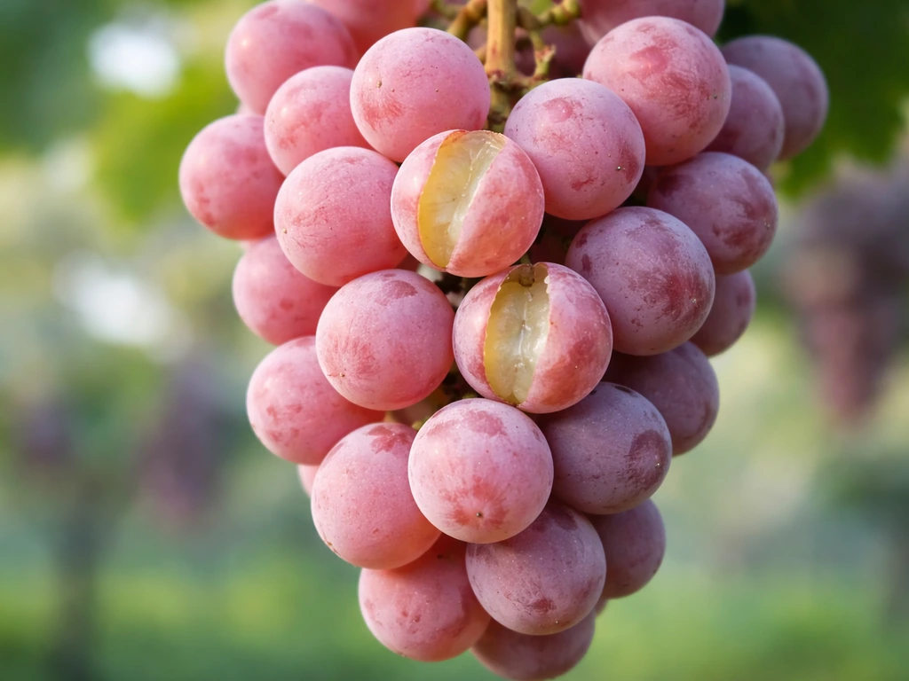Macro close-up of Koshu grape cluster with pink skins and pale white interior