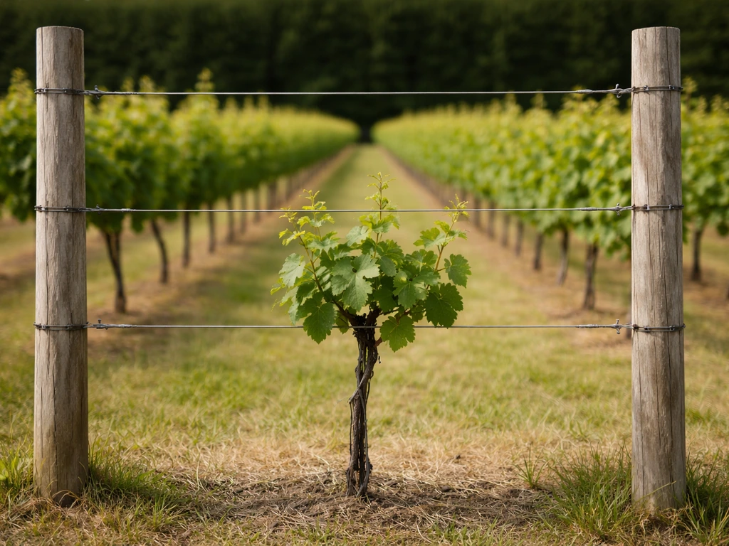 A minimal VSP trellis in a vineyard with vertical posts and taut wires ready for Koshu vine training.