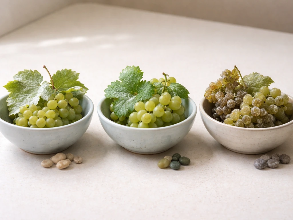 Three small grape-cluster bowls in dry, mild, and humid conditions symbolizing regional plant disease focus.