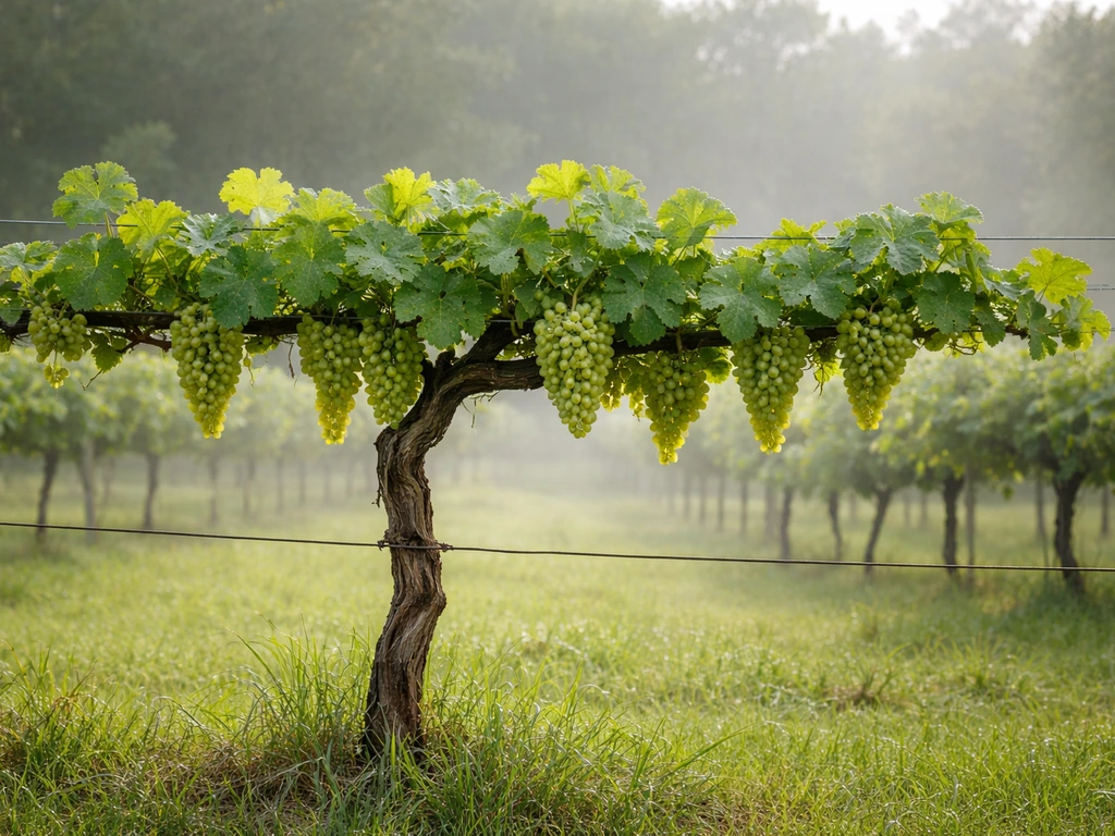 Close view of a trellised grapevine with visible grape clusters in a humid Louisiana vineyard.