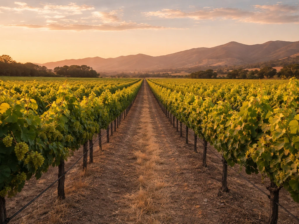 Wide view of grapevines in a California vineyard with mountains under a clear sky.