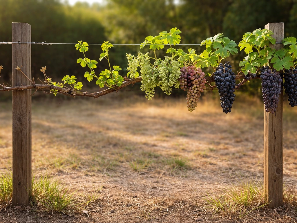 Grapevine on a sunny California trellis showing growth stages from dormancy to harvest