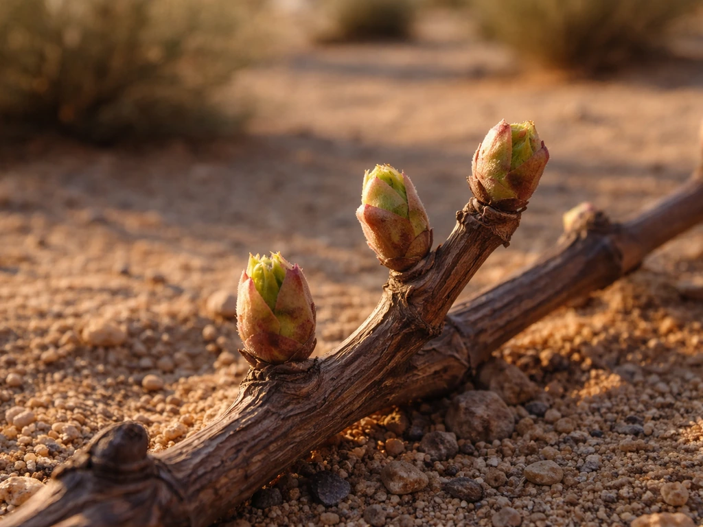 Close-up of grapevine buds with early spring budbreak in a warm desert garden setting