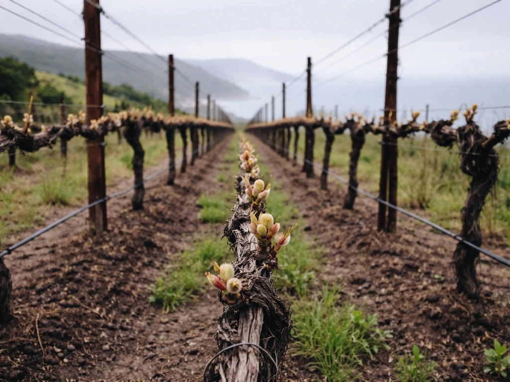 Coastal vineyard vines with partially opened spring buds under cool overcast light
