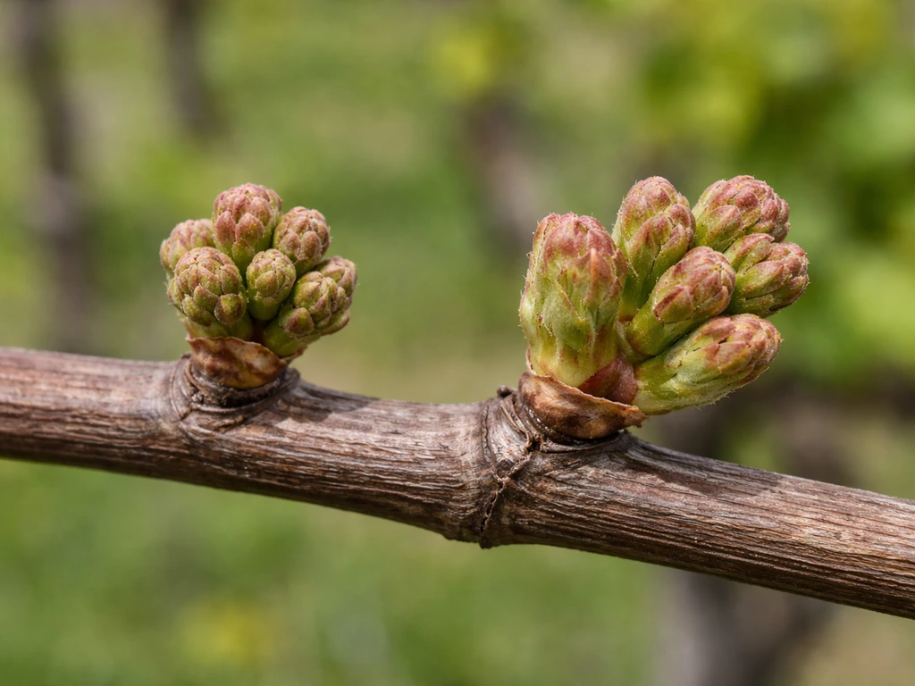 Close-up of two grapevine clusters showing bud swell on one and loosening scales on the other.