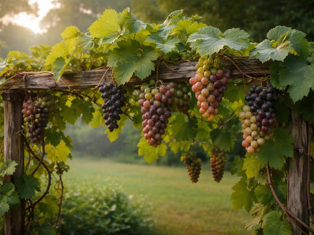 Lush grapevine with ripe grape clusters on a backyard trellis in humid Mississippi summer.