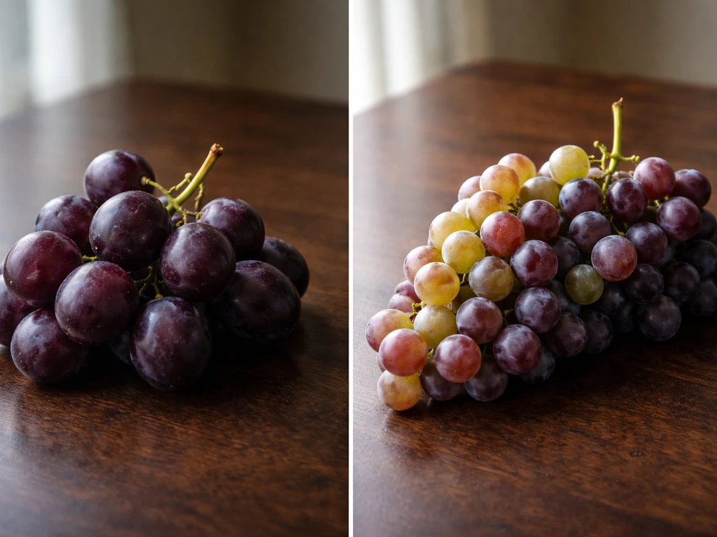 Side-by-side clusters of muscadine grapes and bunch grapes on a dark wooden table.