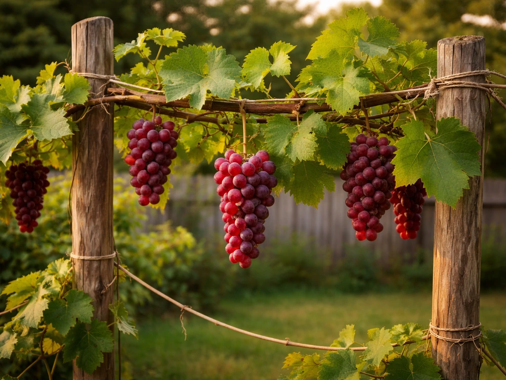 Close view of grapevine with red bunches trained on a simple home trellis.