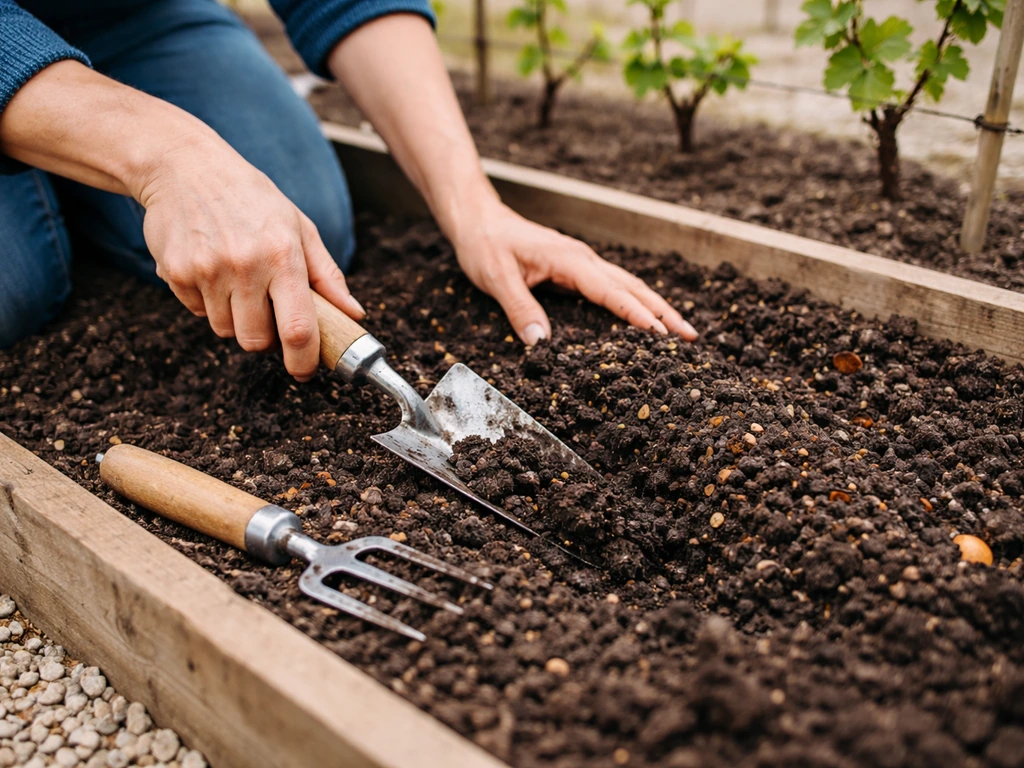 Anonymous hands mixing compost into soil in a small raised garden bed with a trowel and fork