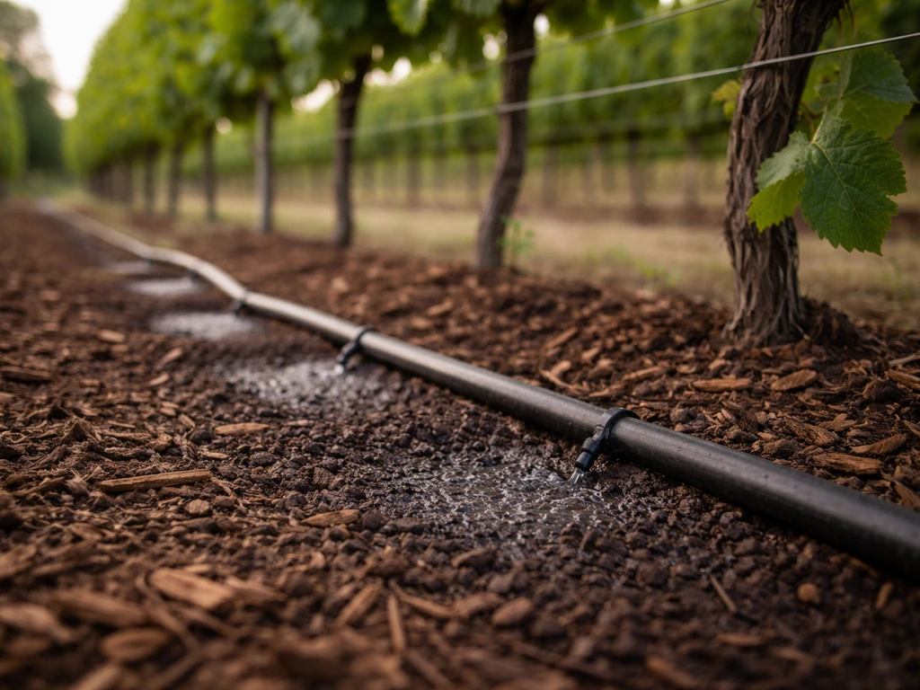 Drip irrigation tubing along a grapevine row, water aimed at soil near vine base