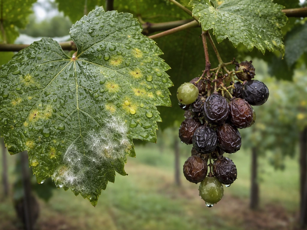 Close-up of muscadine grapevine showing yellow leaf spots, white fuzzy mildew, and shriveled berries.