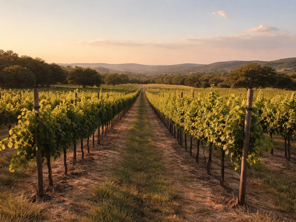 Warm Texas vineyard panorama with grapevines on trellis under golden sunlight