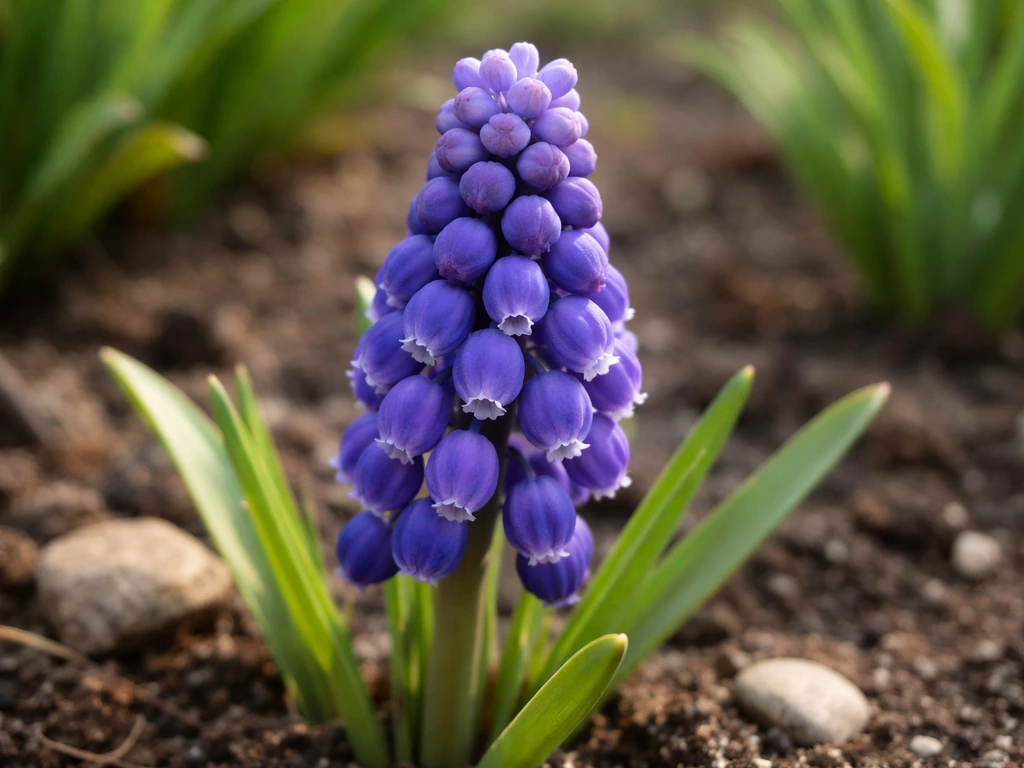 Close-up of blooming grape hyacinth flowers in a temperate garden bed with natural soil visible