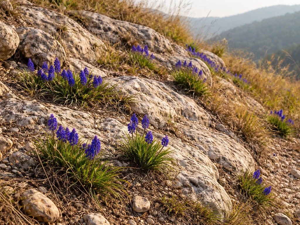 Spring wild grape hyacinths blooming on a rocky Mediterranean slope