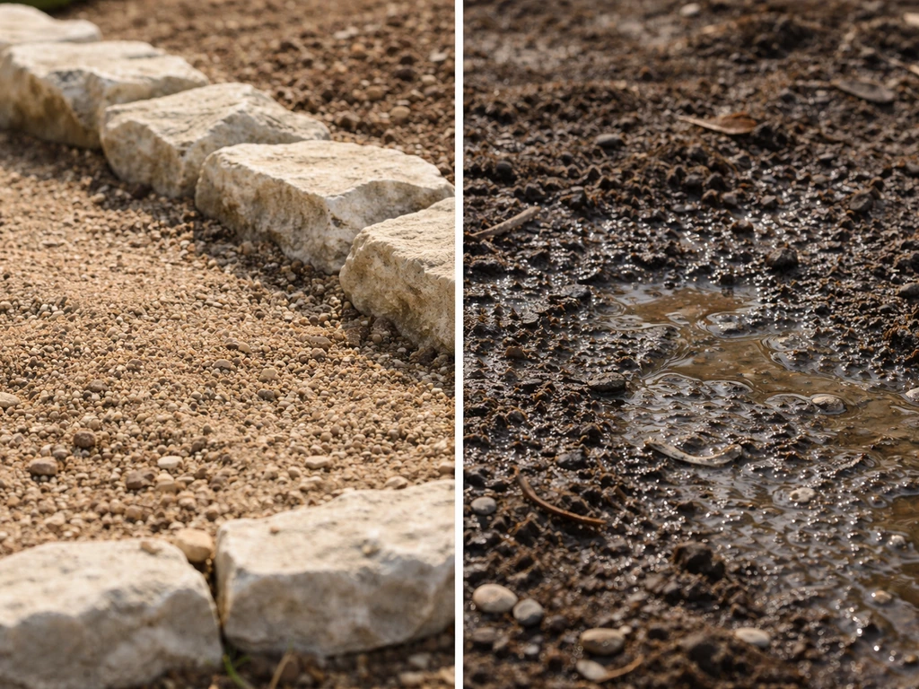 Split view of dry raised rocky planting bed versus darker wet soil area for grape hyacinth drainage