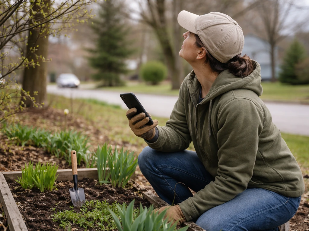 Anonymous gardener kneeling in an early-spring garden bed checking bloom timing with a smartphone.